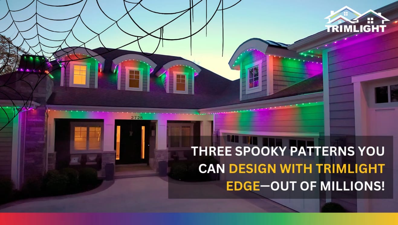A house decorated with colorful Trimlight LED lights and spider web decor for Halloween, text reads: Three spooky patterns you can design with Trimlight Edge—out of millions!.