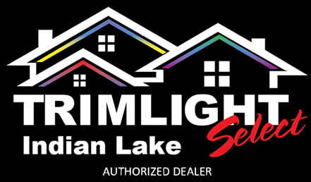 Logo for Trimlight Indian Lake Select, showing two house outlines with rainbow-colored roof trim. Trimlight Indian Lake Select is written below, with Select in red, and Authorized Dealer at the bottom.