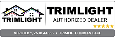 Logo with two houses featuring colorful rooflines on the left, next to the text TRIMLIGHT AUTHORIZED DEALER and five gold stars. Banner below reads VERIFIED 2/26 ID 44665 - TRIMLIGHT INDIAN LAKE.