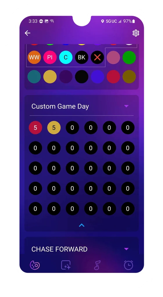 A smartphone screen displays a colorful game interface with circular color options at the top, numbered circles for Custom Game Day, and black circles labeled with zeros in a grid below.