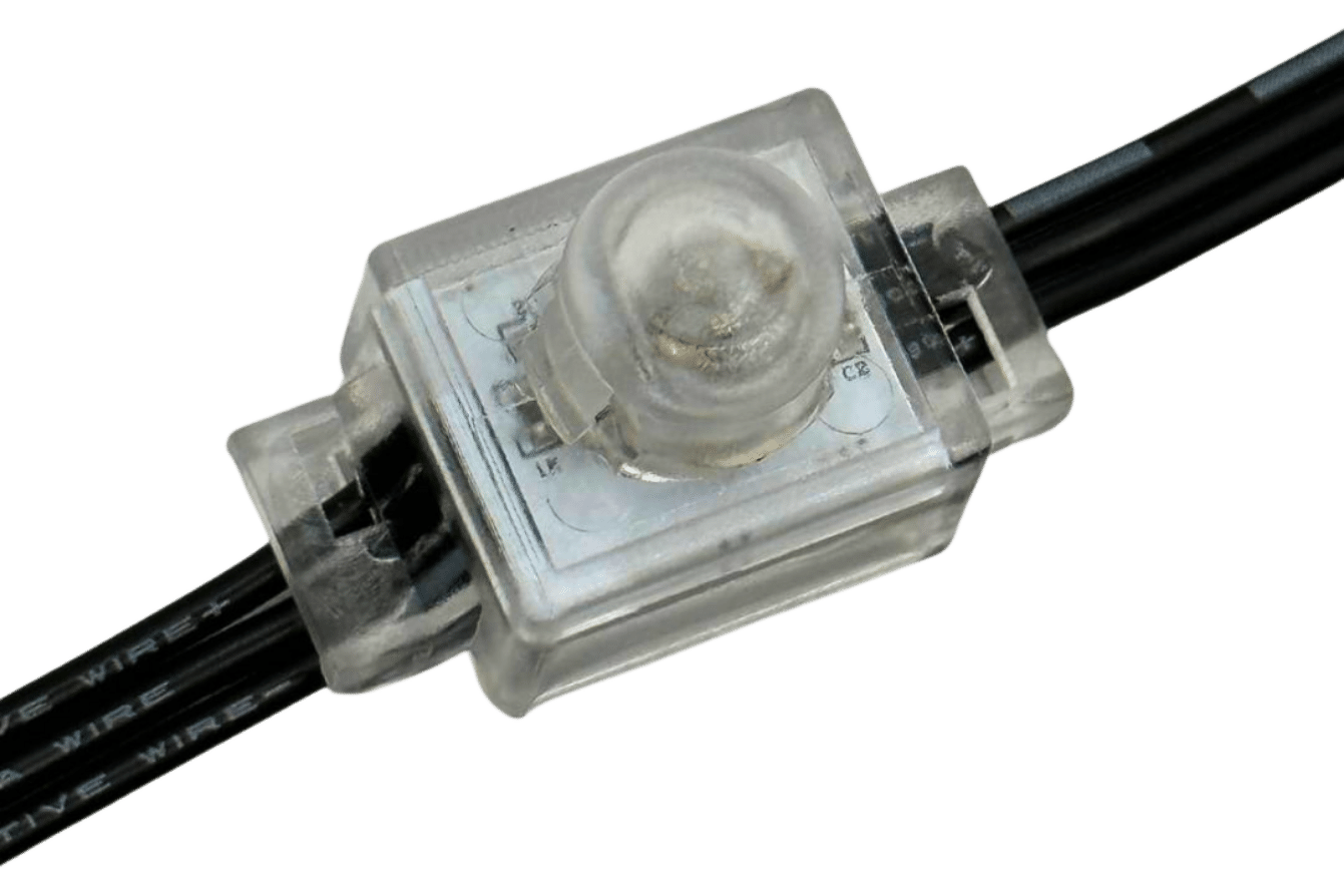 A close-up of a transparent plastic LED module with visible internal components, connected to black electrical wires on both sides, isolated on a white background.