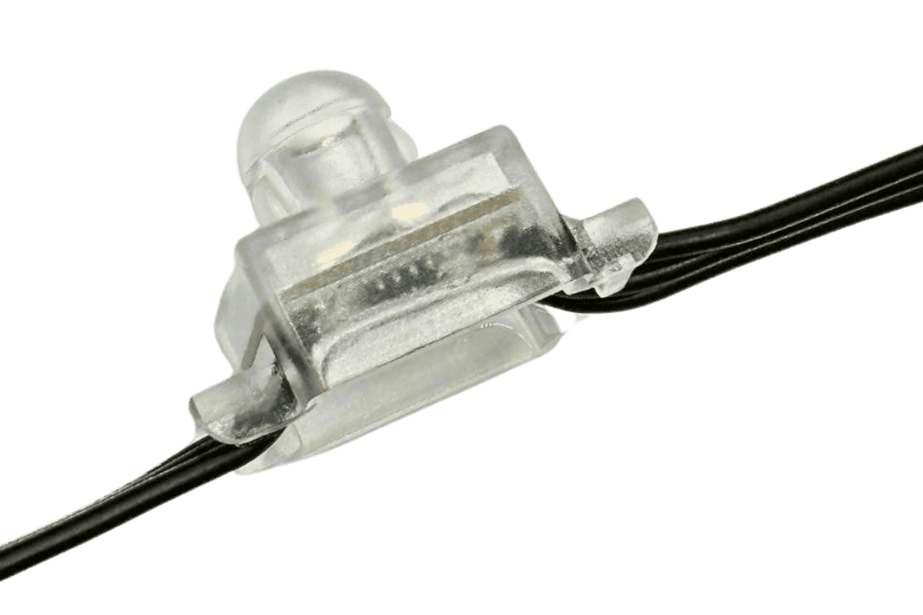 Close-up of a transparent plastic wire connector securing two black electrical wires together, isolated on a white background.