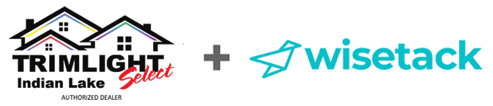Logos of Trimlight Indian Lake Select (with stylized houses) and Wisetack (with paper airplane icon), separated by a plus sign, indicating a partnership or collaboration between the two companies.