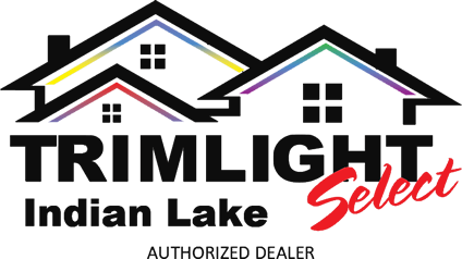 Logo with two stylized house outlines above the text “Trimlight Indian Lake Select Authorized Dealer.” The word “Select” is written in red script, and the houses have colored trim accents.
