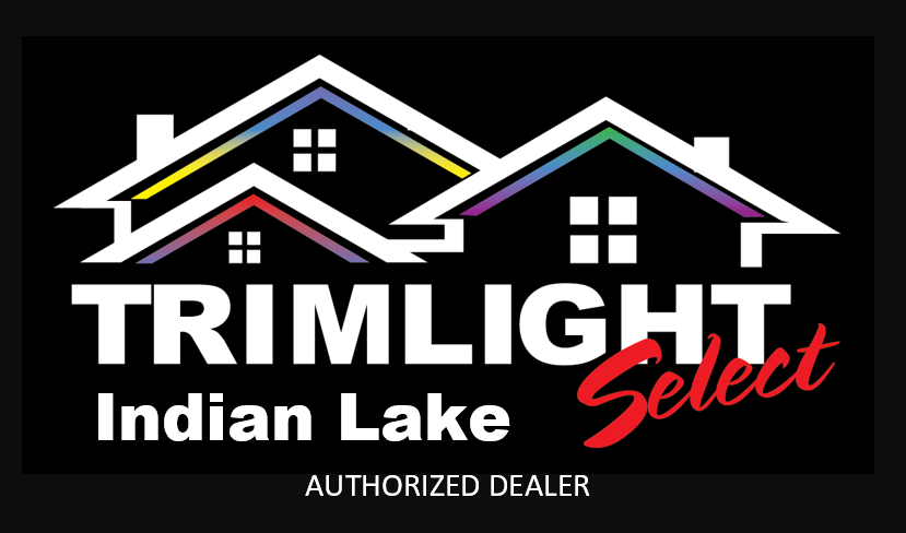 Logo for Trimlight Indian Lake Select, featuring two outlined house rooftops with colored trim, large white text, Select in red script, and Authorized Dealer below on a black background.