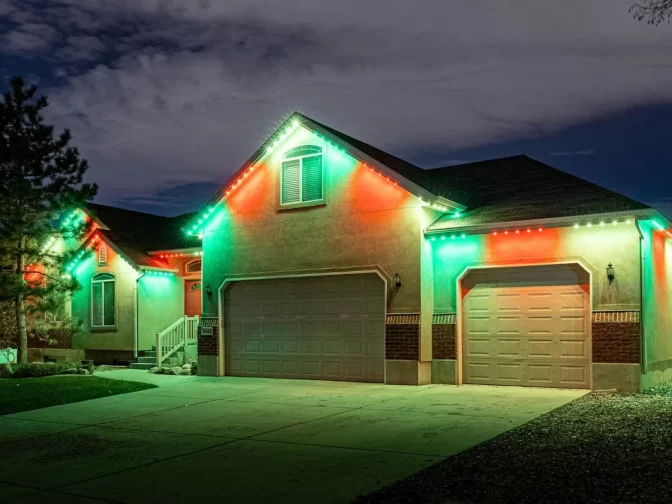 A house at night with its exterior decorated with red and green lights along the roofline, creating a festive appearance. The driveway and yard are visible under a partly cloudy sky.