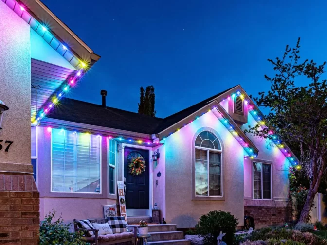 A single-story house at dusk is decorated with colorful LED lights along the roofline. The porch has a wreath on the door, HOME sign, and outdoor seating. Trees and a clear sky are visible in the background.