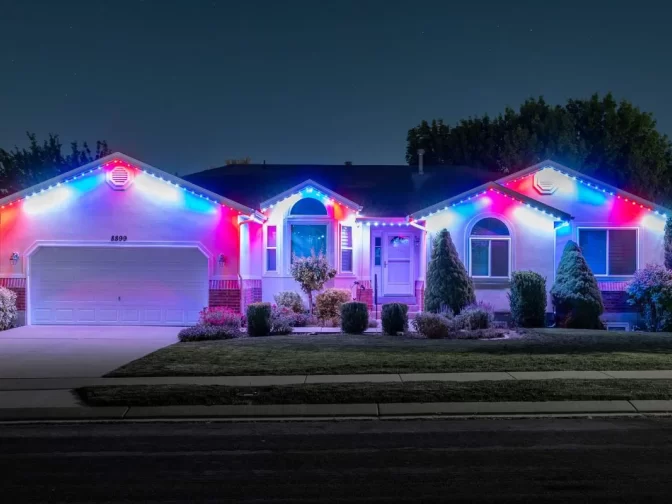 A single-story house at night is decorated with vibrant red, white, and blue lights along the roofline, creating a festive and colorful display. Shrubs and trees are visible in the front yard.