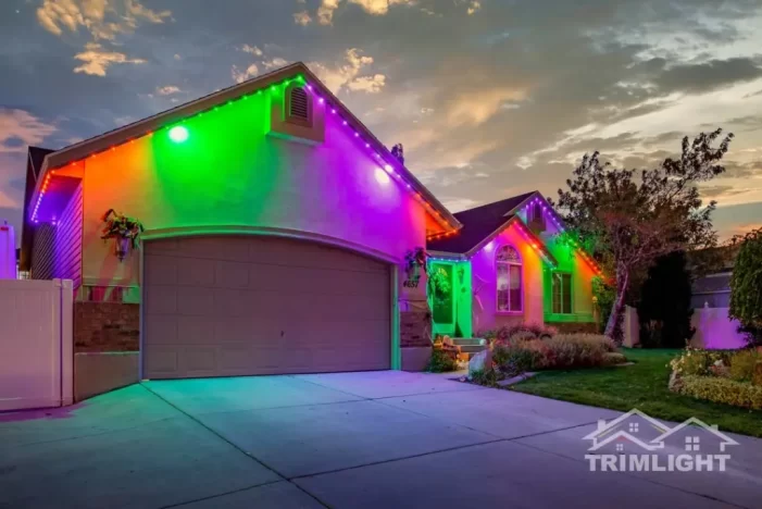 A house exterior is illuminated with vibrant green, purple, orange, and pink LED lights along the roofline at dusk, with a well-kept lawn and garden in front and the Trimlight logo in the corner.