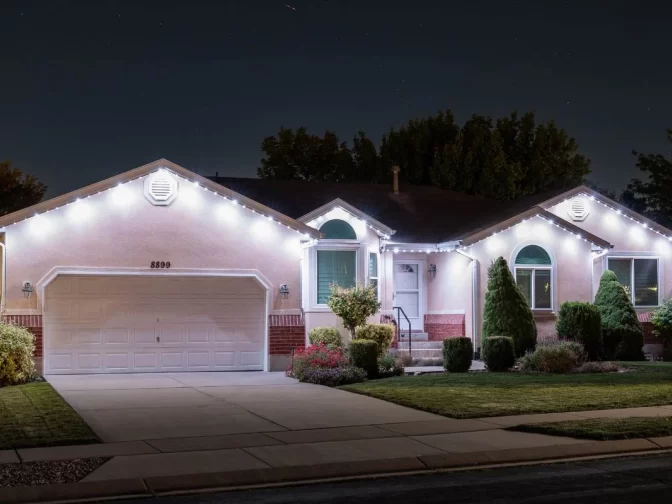 A single-story house at night with white string lights outlining the roof, a two-car garage, neatly trimmed bushes, and a well-kept front yard.