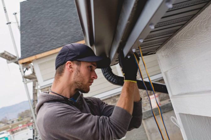 A man wearing a cap and gloves installs or repairs a rain gutter along the roof edge of a house, concentrating on his work with tools and materials visible.