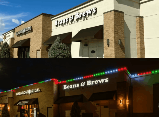 Two images of the same shopping center: the top shows store signs in daylight, including Beans & Brews Coffeehouse; the bottom shows the stores at night, with colorful trim lights along the roofline.